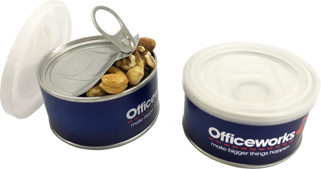 A small, blue tin can with a pull tab lid, filled with mixed nuts. Features a logo on the side.