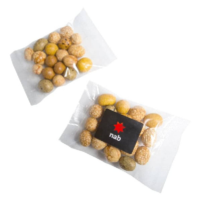 A bag of peanut crackers featuring various coloured peanuts in shades of yellow and beige, with a logo on the packaging.