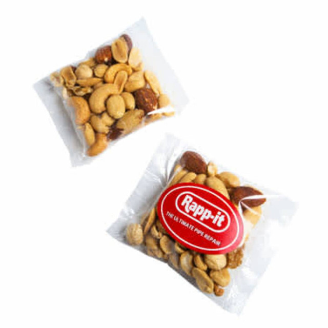 A clear bag containing mixed nuts, featuring various nuts including peanuts and cashews, with a red logo.