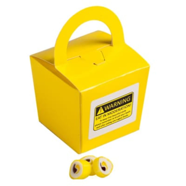 A yellow noodle box containing personalised rock candy pieces in various colours.