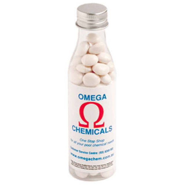 A drink bottle filled with white mints, featuring a logo and a clear, transparent design.