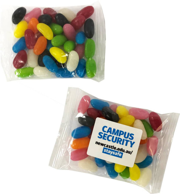 A bag of assorted jelly beans in vibrant colours, featuring a logo on the packaging.