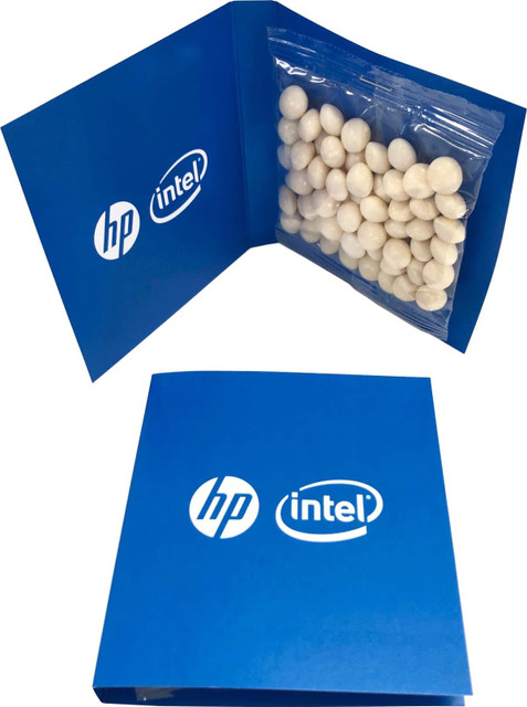 A blue gift card holder featuring a clear bag of white chewy mint balls inside, with logos on the cover.