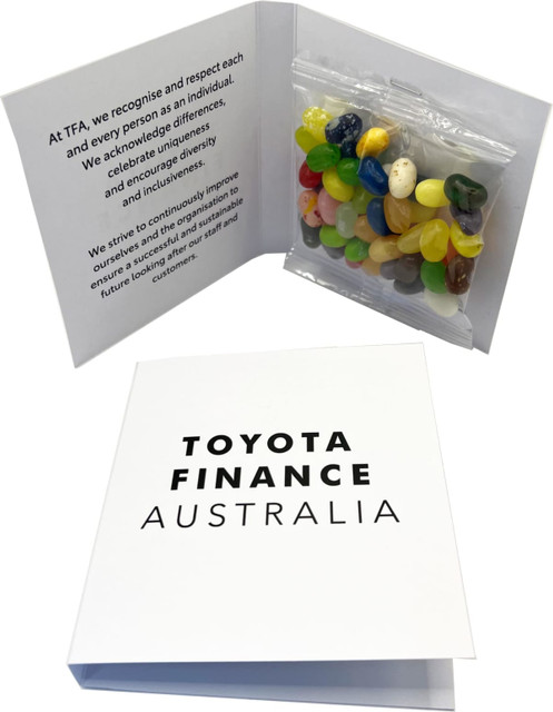 A gift card featuring a clear bag of colourful JELLY BELLY jelly beans, presented in a white folder with branding.