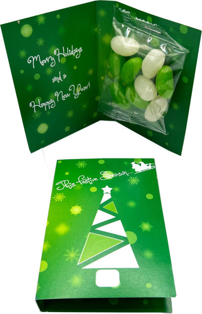 A green gift card opens to reveal a clear bag of green and white jelly beans.