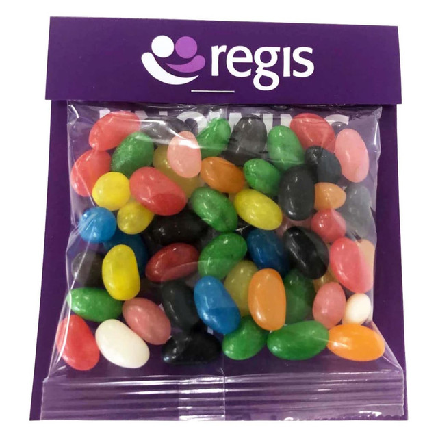 A transparent bag filled with assorted jelly beans in various colours, with a purple header featuring a logo.