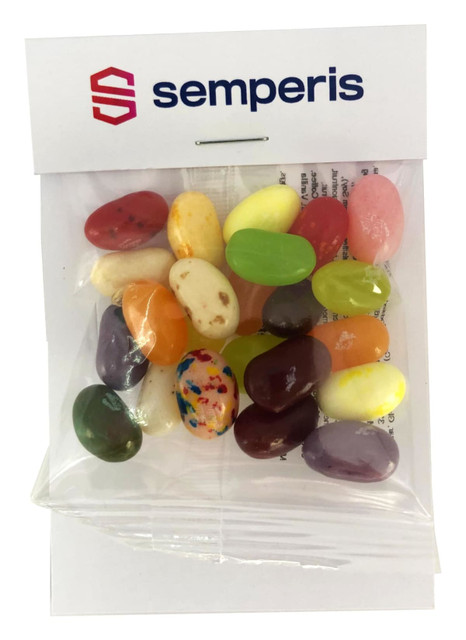 A clear bag filled with assorted Jelly Belly jelly beans in various colours, with a branded header at the top.
