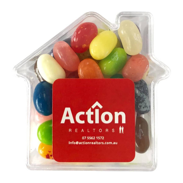Acrylic house-shaped container filled with colourful jelly beans in various flavours. Features a logo on the base.