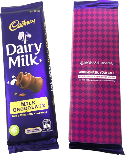 Dairy Milk chocolate bar in a purple and pink sleeve, weighing 180g, featuring branding elements.