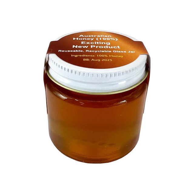 A glass jar filled with amber honey, featuring a lid and a logo. The jar is reusable and recyclable.