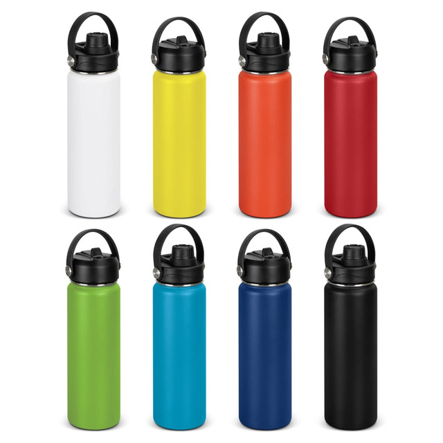 A drink bottle collection featuring white, yellow, orange, red, green, navy, and black options with black caps and handles.