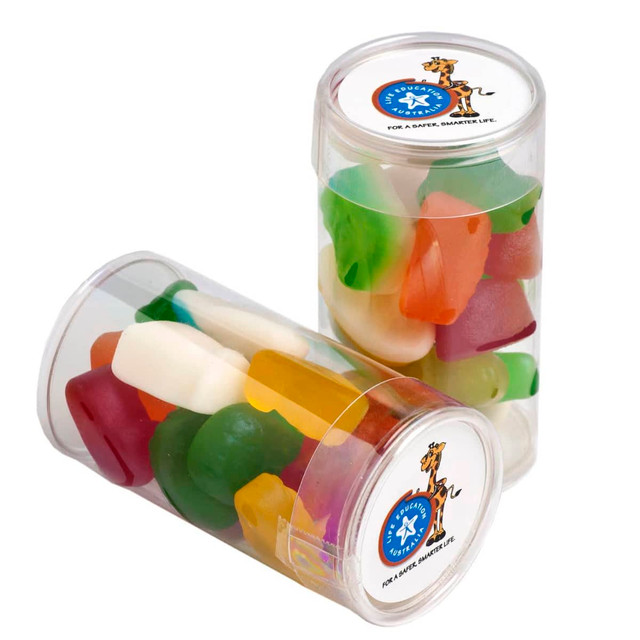 Two clear tubes filled with assorted mixed lollies in various colours, including red, green, yellow, and white.