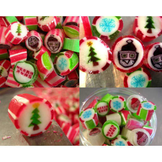 Assorted Christmas rock candy featuring vibrant colours like red, green, and white, with festive designs and patterns.