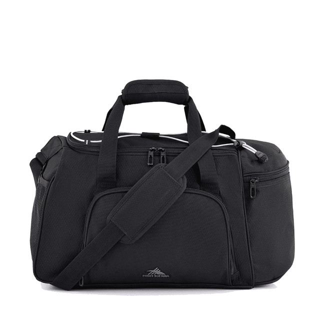 A black travel duffel bag with multiple compartments, carrying handles, and a detachable shoulder strap. It features a logo.