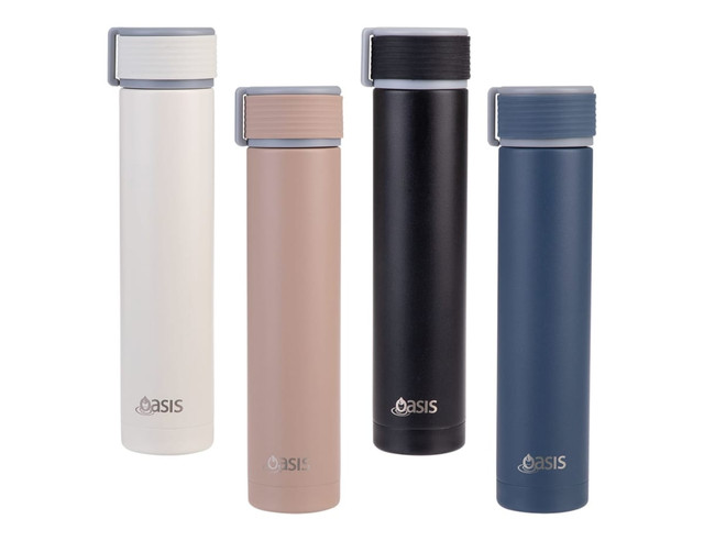 A drink bottle featuring four colours: white, beige, black, and navy, with an insulated "Skinny Mini" design and a logo.