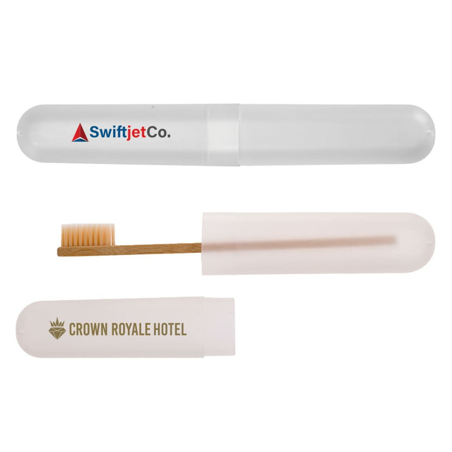 A clear toothbrush case with a wooden toothbrush inside. It features logos on the exterior.