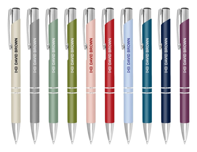 A collection of Argento Matt Pens in various colours including grey, green, pink, blue, and purple, featuring branding.