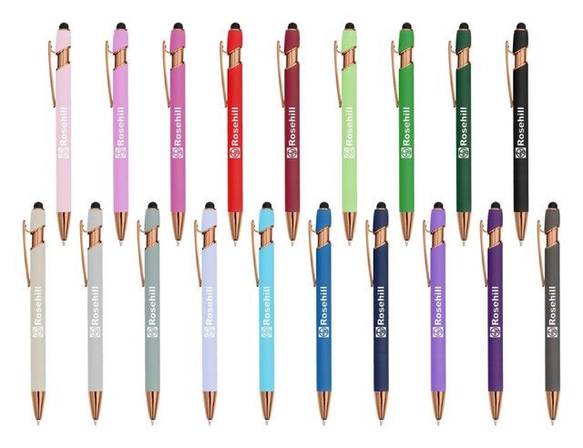 A collection of stylus pens in various colours like pink, red, green, and blue, featuring rose gold accents and branding.