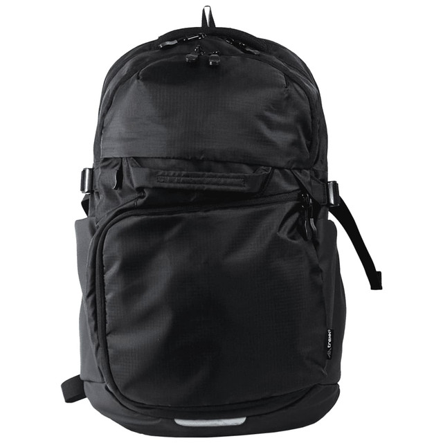 A black computer backpack with multiple compartments, featuring a logo and a sturdy design.