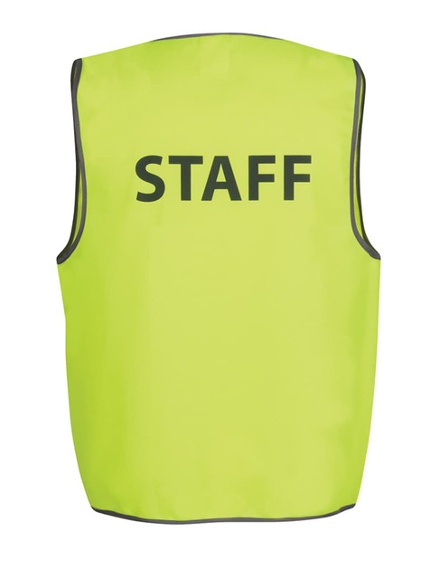 A lime green safety vest featuring the word "STAFF" on the back, outlined with reflective material.