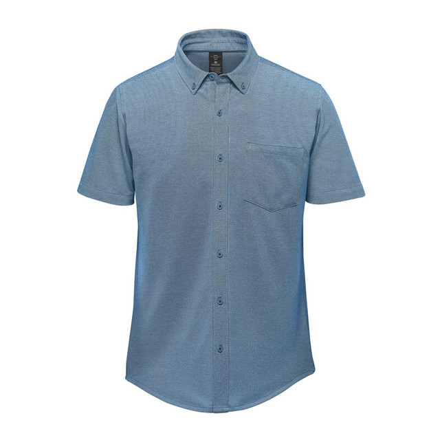 A short-sleeve knit shirt in shades of blue, featuring a button-up front and a chest pocket. It has a logo.