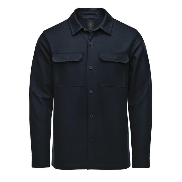 A navy blue men's shacket with two chest pockets and button closure. It features a collar and long sleeves.