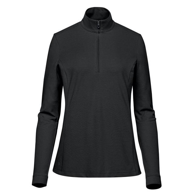 A black women's pullover with a 1/4 zip and long sleeves. It features a logo on the side.
