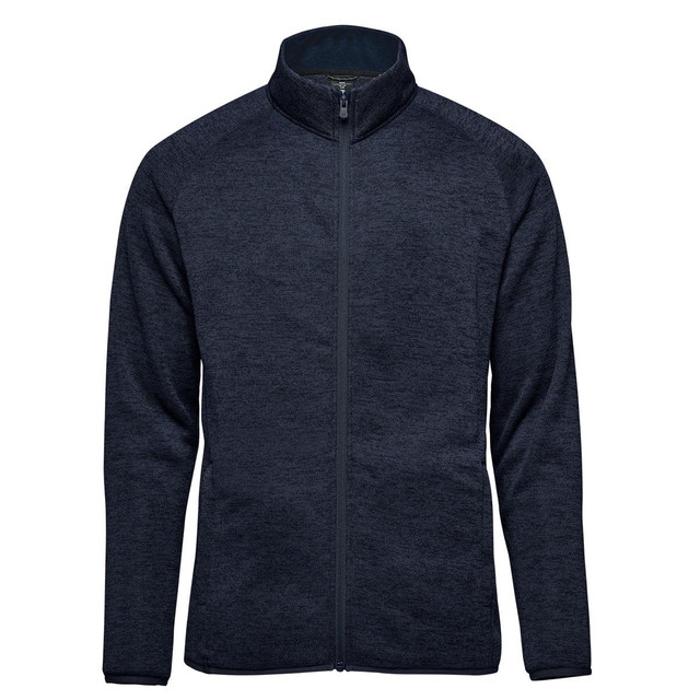 A navy full zip fleece jacket featuring a high collar and a logo on the left chest.