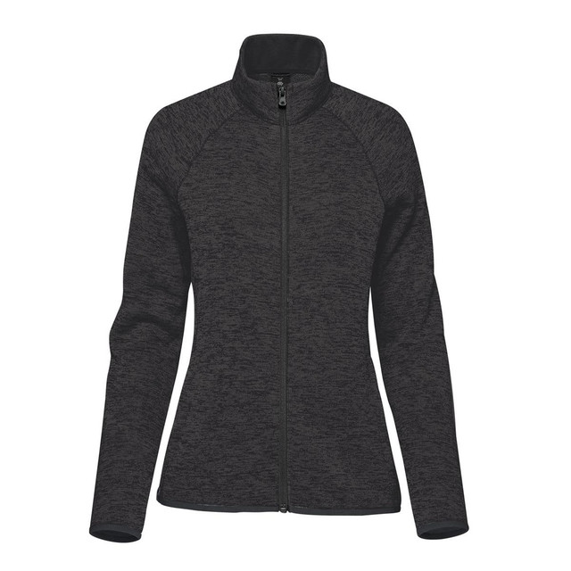 A women's full zip fleece jacket in a dark grey heather shade, featuring a high collar and long sleeves.