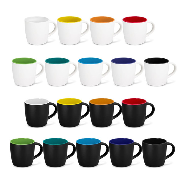 A collection of two-tone coffee mugs in various colours, including black, white, green, blue, orange, and red.