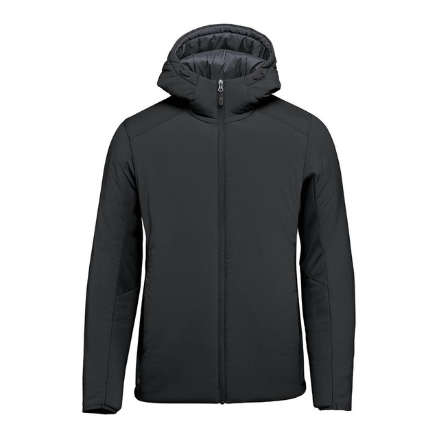 A black puffer jacket with a hood, featuring a front zipper and side pockets, and a logo on the left side.