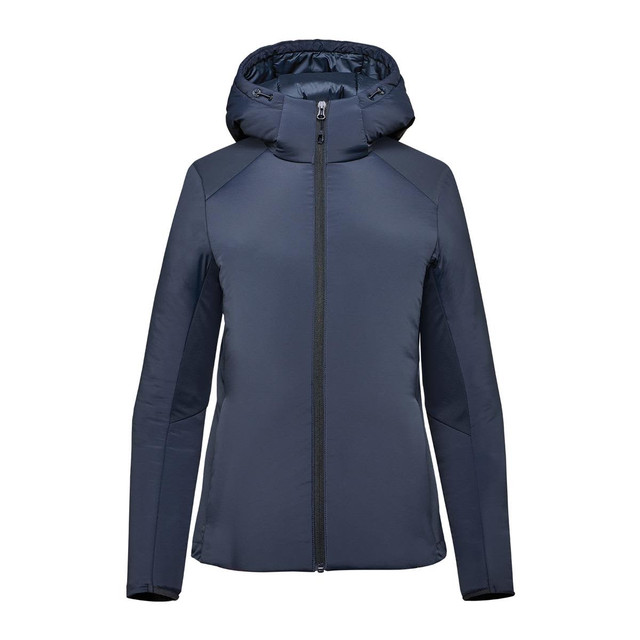 A women's puffer jacket in navy blue with a hood and front zip closure. It features a sleek design and has a logo.
