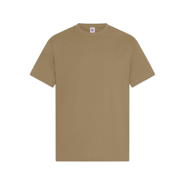A plain khaki men's t-shirt featuring short sleeves and a crew neckline. The shirt has a label and no graphics.