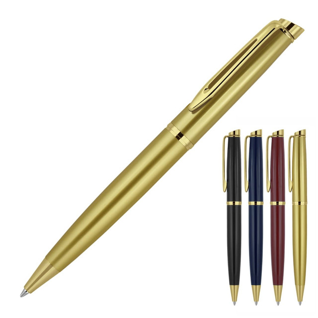 A gold ballpoint pen with a sleek design and gold trim, accompanied by additional pens in black, blue, and red.