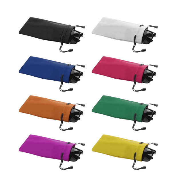 A set of eight Milla Pouches in black, white, blue, orange, green, pink, purple, and yellow, each with drawstring closures.