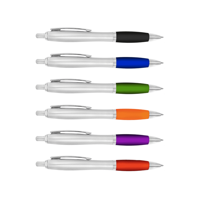 A set of six plastic pens in black, blue, green, orange, purple, and red, with silver accents and a logo.