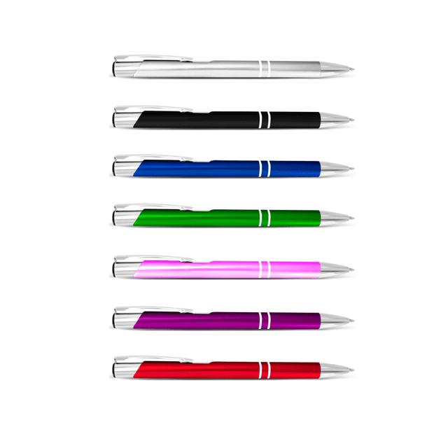 A collection of Slimline metal pens in various colours: silver, black, blue, green, pink, purple, and red.