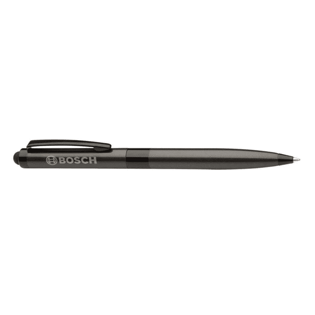 A stylus pen in black with a sleek design and a logo on the side.