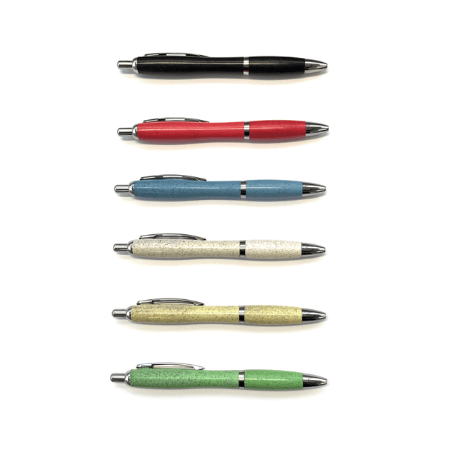 A collection of six plastic pens in black, red, blue, cream, yellow, and green, each with a metallic finish and a logo.