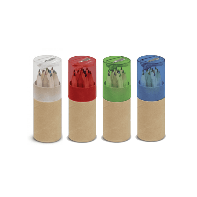 Four mini pencil tubes in red, green, clear, and blue, with various coloured pencils inside, featuring a logo.
