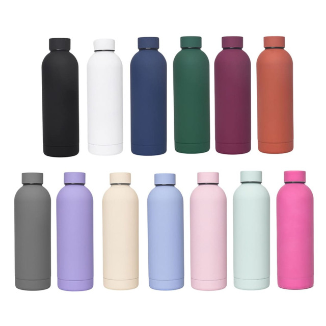 A drink bottle collection featuring 12 thermoses in various colours, including black, white, navy, green, purple, and pastel shades.