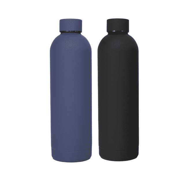 A drink bottle set featuring a blue single-walled bottle and a black single-walled bottle, both 1L in size.