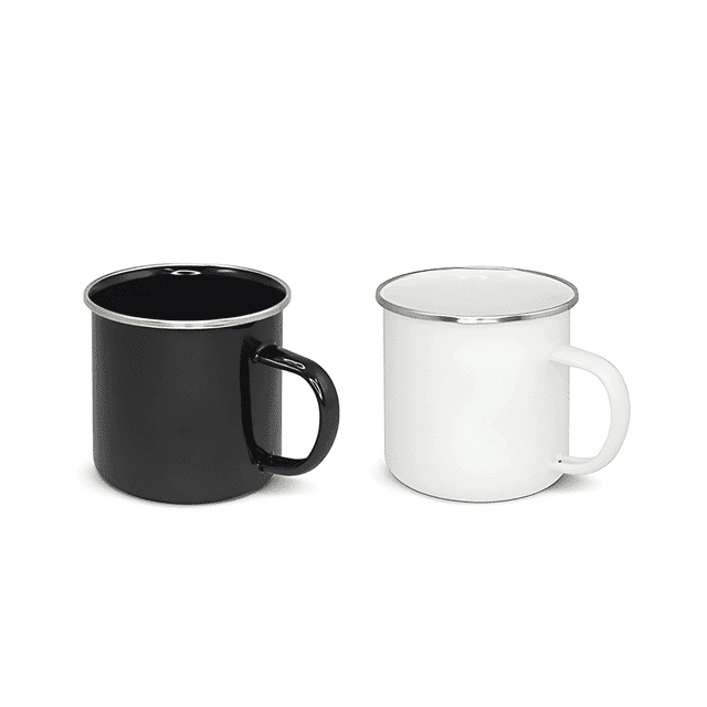A pair of enamel camping mugs in black and white, each with a silver rim and a handle.