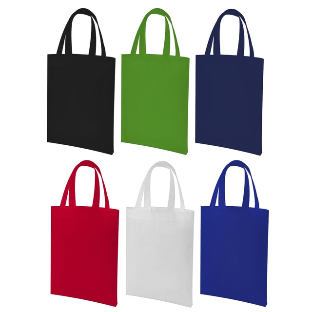 A collection of tote bags in black, green, navy, red, white, and blue, all featuring short handles and a logo.