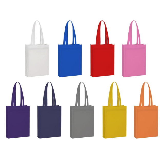 A range of Noosa A4 non-woven promo bags in various colours including white, blue, red, pink, purple, grey, and yellow. Each bag has a logo.