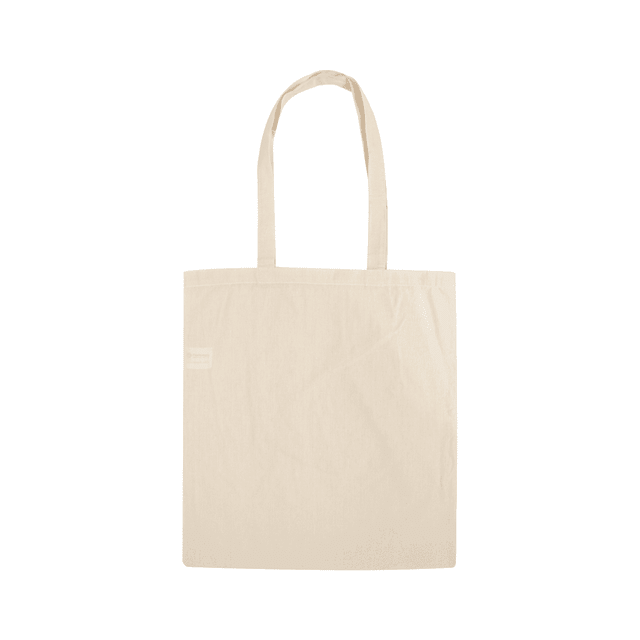 A beige tote bag with long handles and a simple design, featuring a logo on the side.
