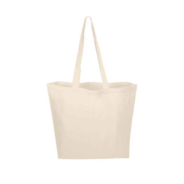 A calico tote bag in a natural beige colour with two sturdy handles and an unbranded design.