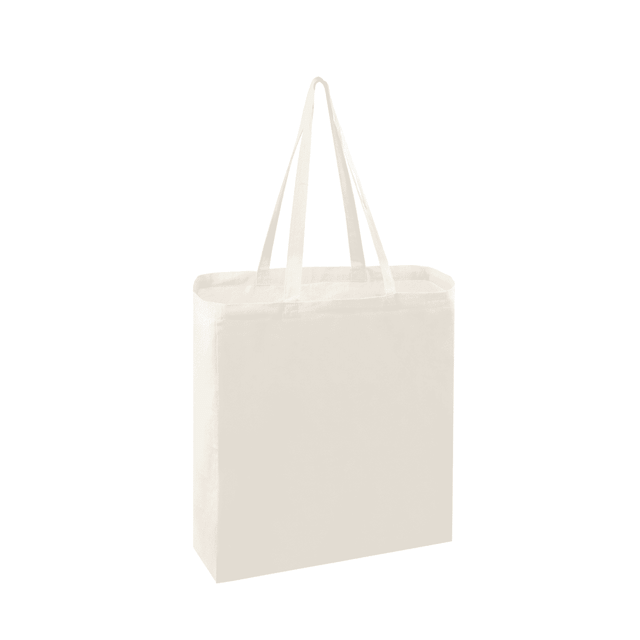 A cream-coloured tote bag with two handles and a simple, minimalist design. It features a logo or branding.