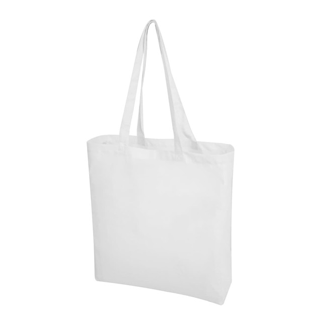 A white calico tote bag with long handles, featuring a simple design and no visible branding.