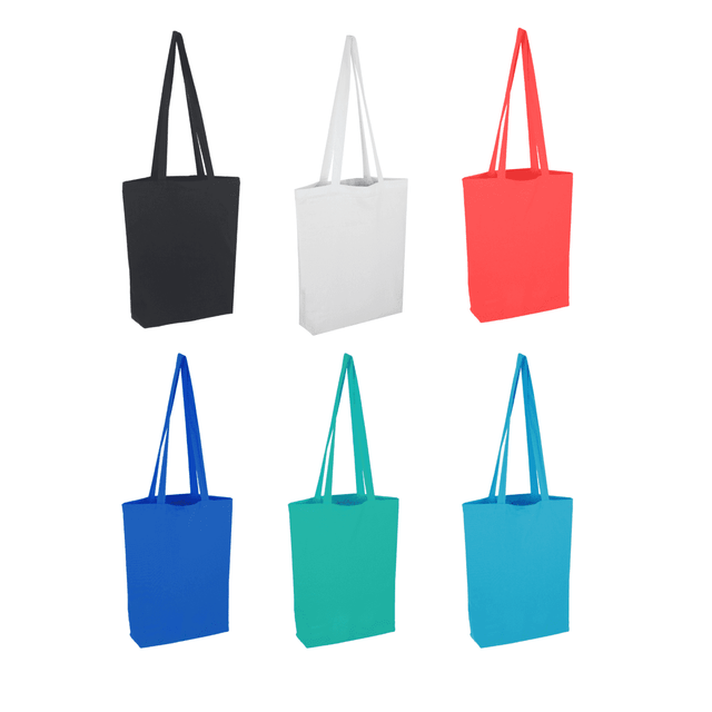 A collection of reusable cotton bags in black, white, coral, blue, teal, and aqua, each with long handles and a logo.